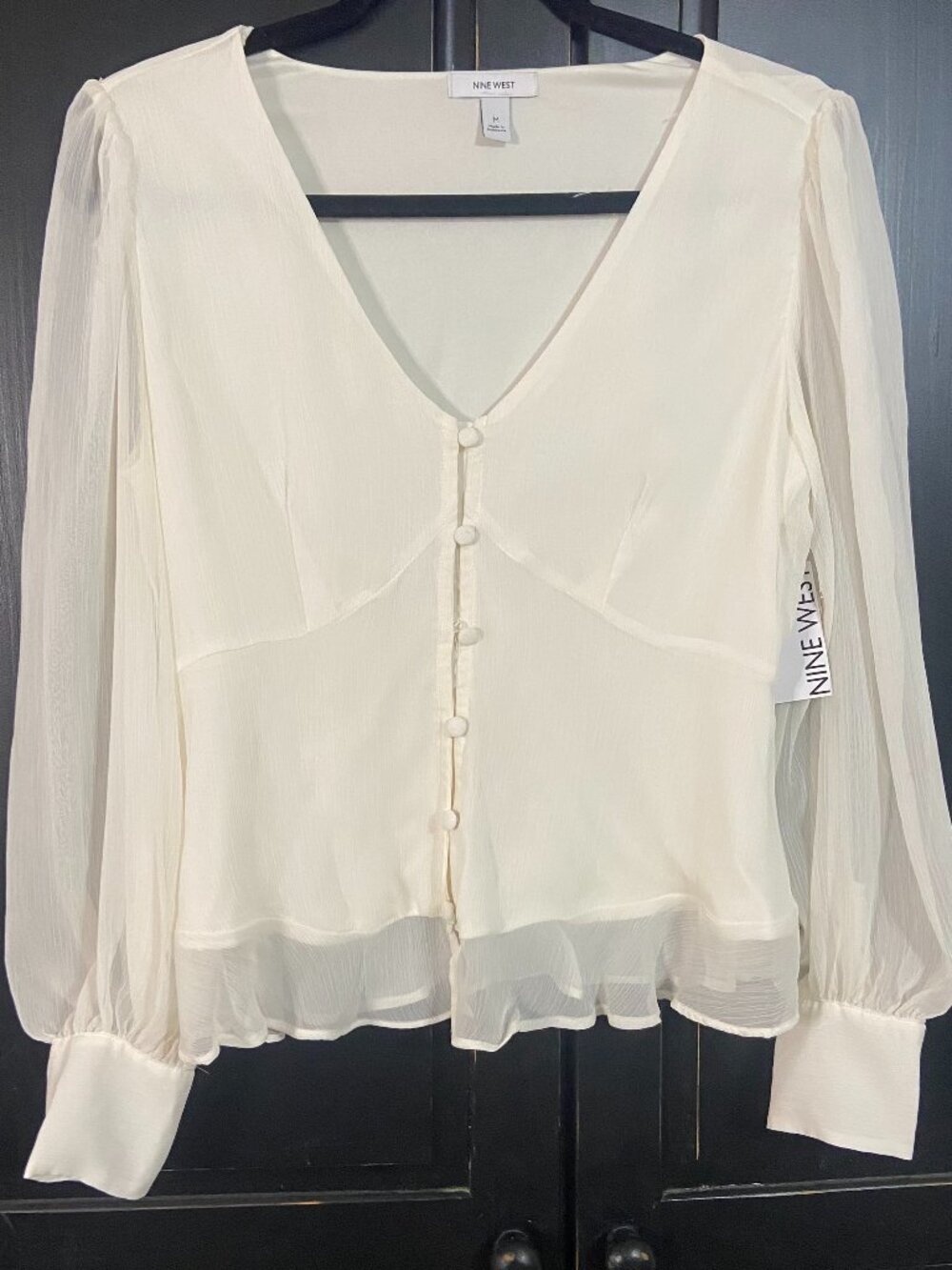 Nine West Romantic Coquette M Ivory Chiffon Peplum Button Front Blouse Nwt